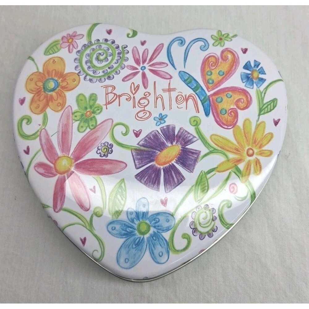 Brighton Heart Shaped 5 3/4" Jewelry Box Tin Pink Green Vines Floral Storage